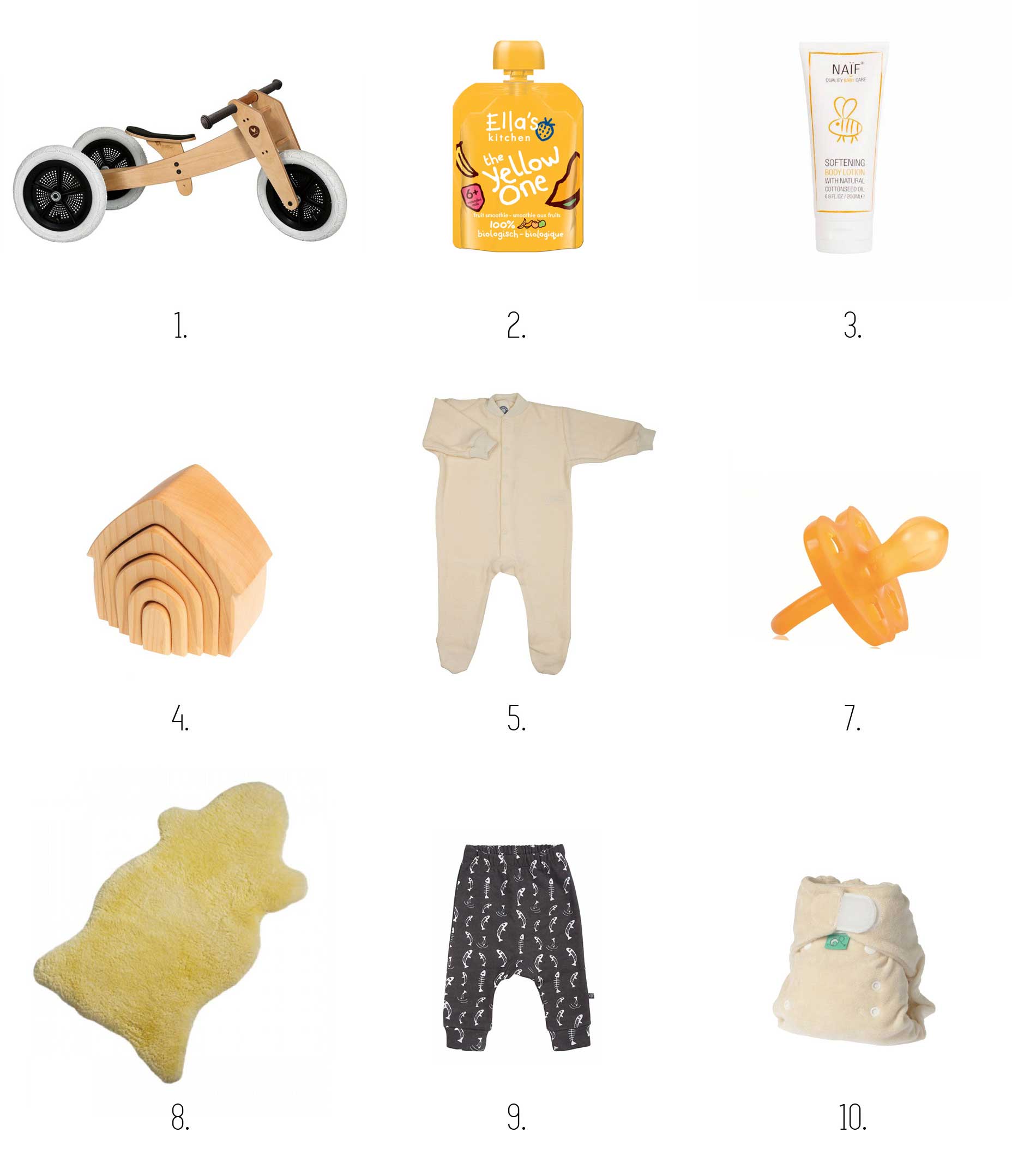 de 10 duurzame favoriete merken van James van Laura en James: Wishbone Bike, Ella's Kitchen, Naif, Grimms, Cosilana, Hevea, Popolino, Noeser en Bamboozle